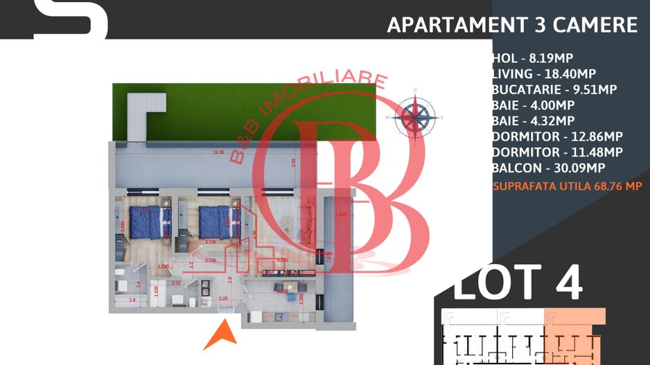 3 camere cu gradina Finalizat  -parcare inclusa -tva inclus - Schiță 2