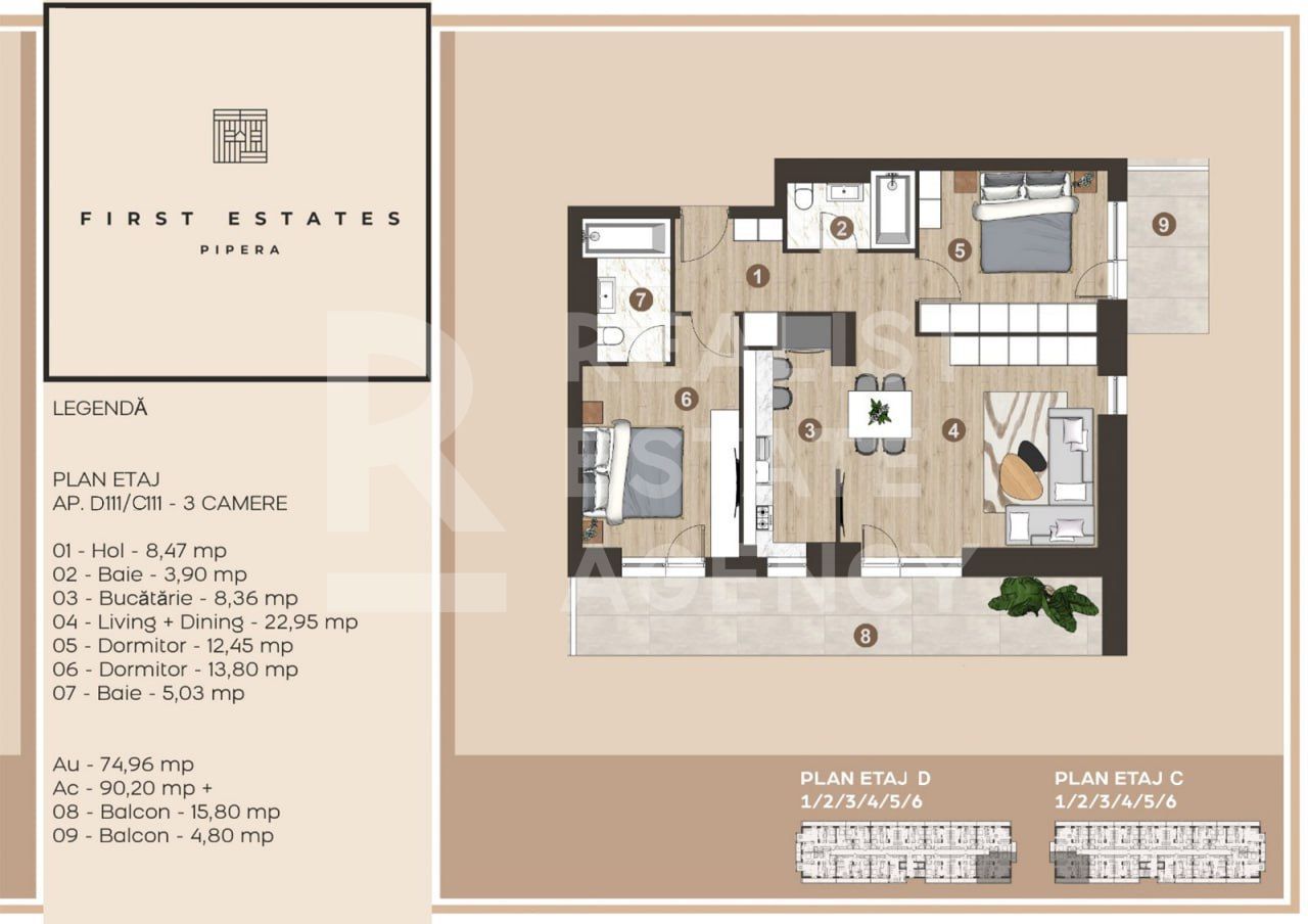 Chirie, apartament, 3 camere, complexul First Estates Pipera - Schiță 3