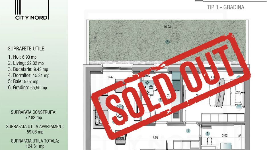 Apartament 2 camere cu gradina- 124,65 mp utili -CITY NORD 1 Decembrie - Poză 1