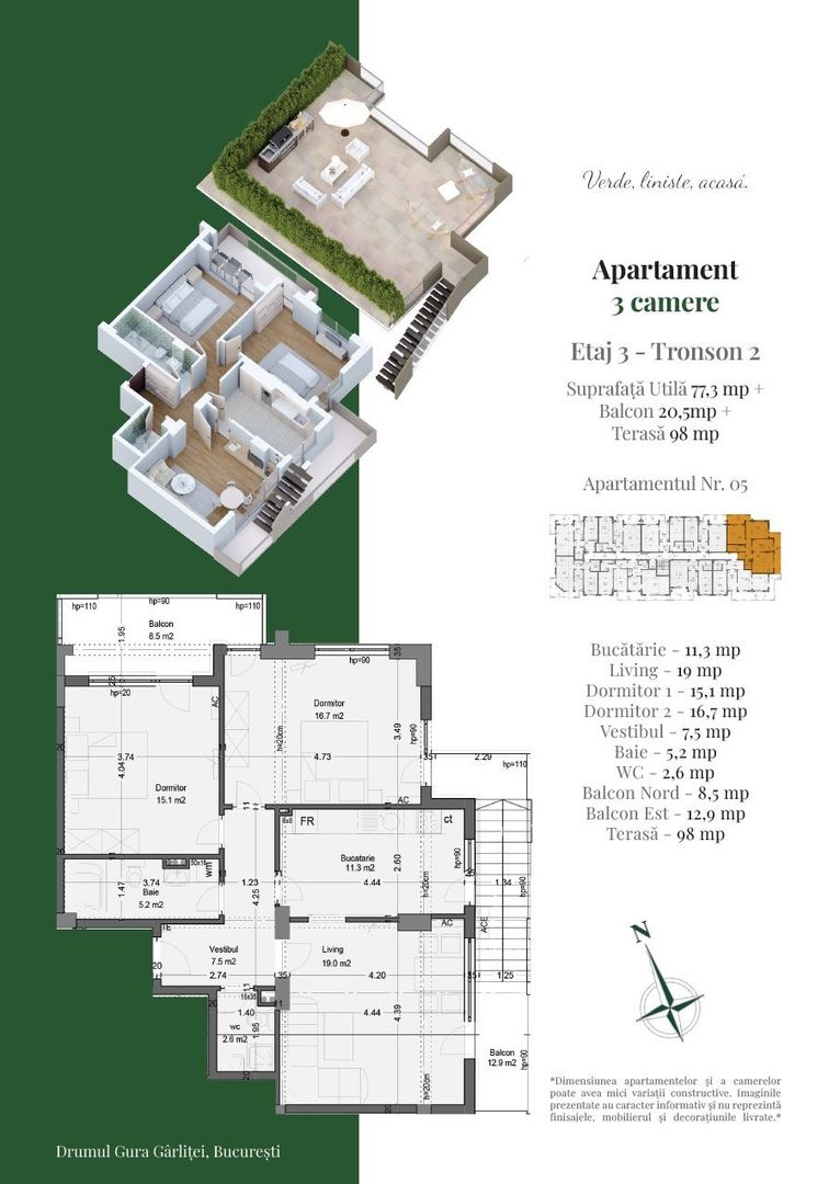 AP. 3CAM. DECOMANDAT + TERASA IN BLOC P+3 / PALLADY. COMISION 0%! - Poză 1