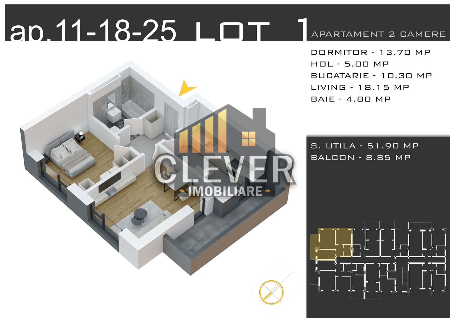 Apartament 2 cam cu Bucătărie Închisă și Parcare GRATUITĂ - Schiță 9