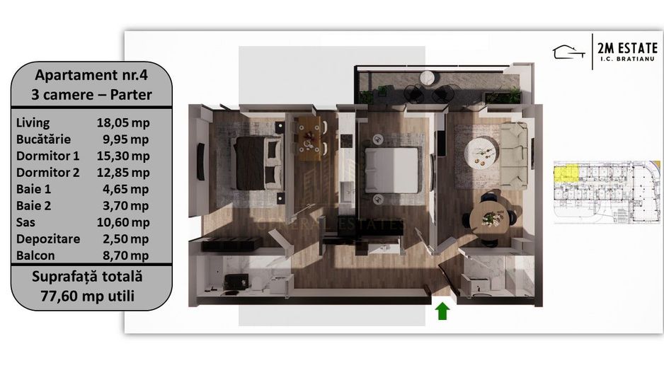 Apartament 3 camere, 75 mp utili + balcon, orientare Sud-Vest - Poză 1