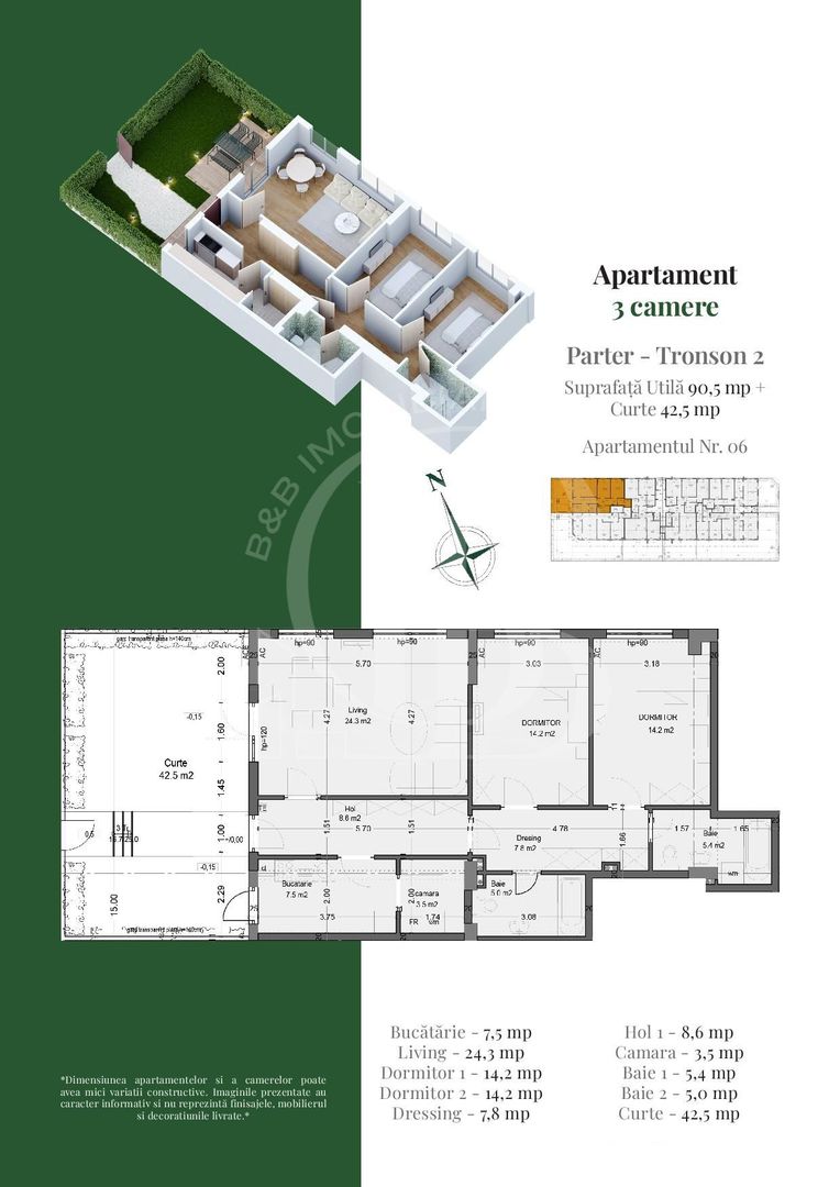 Apartament 3 camere Dormitoare 14mp Gradina Th. Pallady Metrou Teclu - Schiță 3