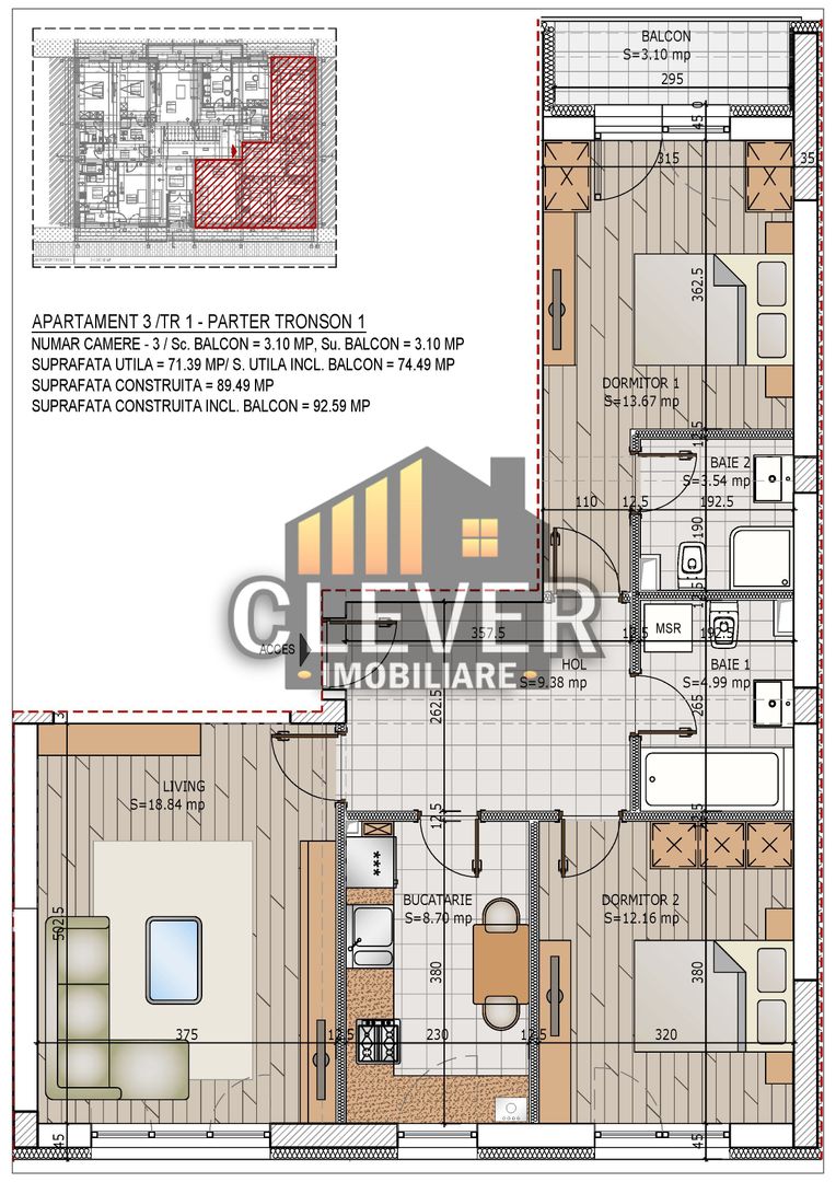 Design Funcțional: 3 Camere, 2 Băi și Balcon | Direct Dezvoltator - Schiță 8