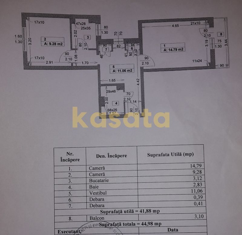 2 camere decomandat de vânzare – Titan | 44,98 mp total | Etaj 7/10 - Schiță 10