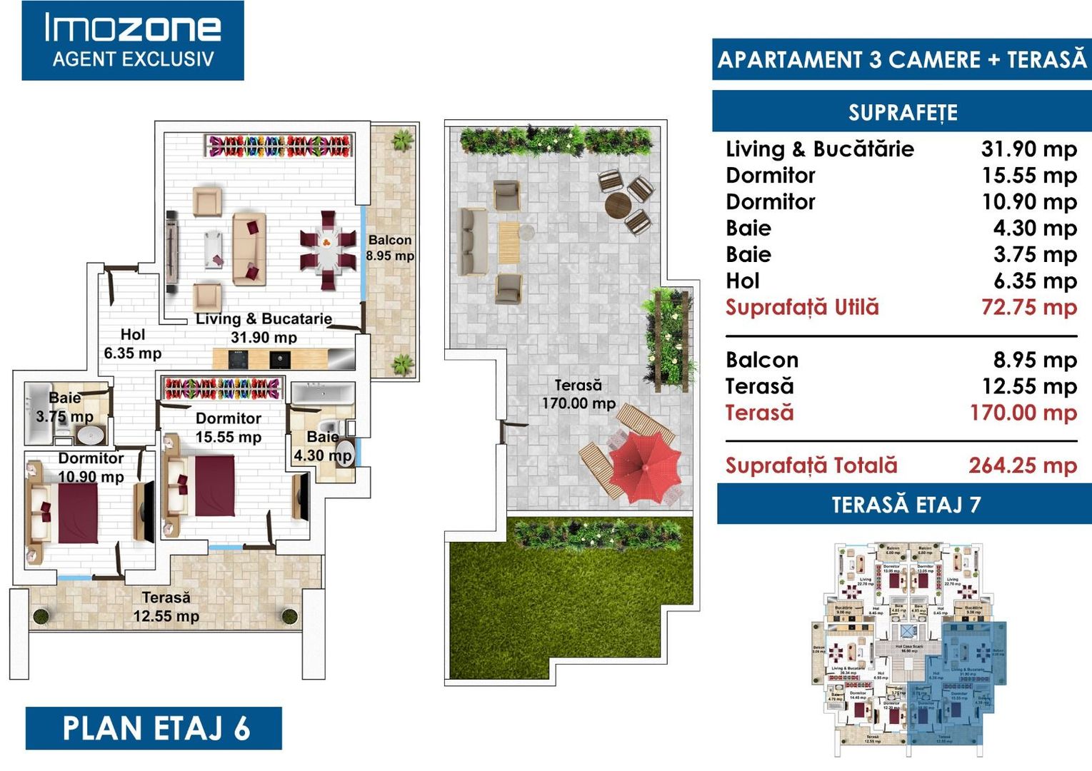 BLOC FINALIZAT, PENTHOUSE - 3 CAMERE, 2 BAI, TERASA DE 178MP,  CENTRALA PROPRIE - Poză 8