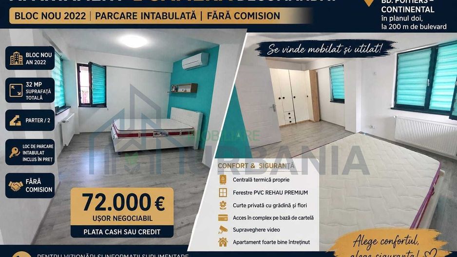 Apartament 1 cameră decomandat, complex rezidențial 2022, Bd. Poitiers – Continental, Iași, parcare intabulată și curte privată - Poză 1