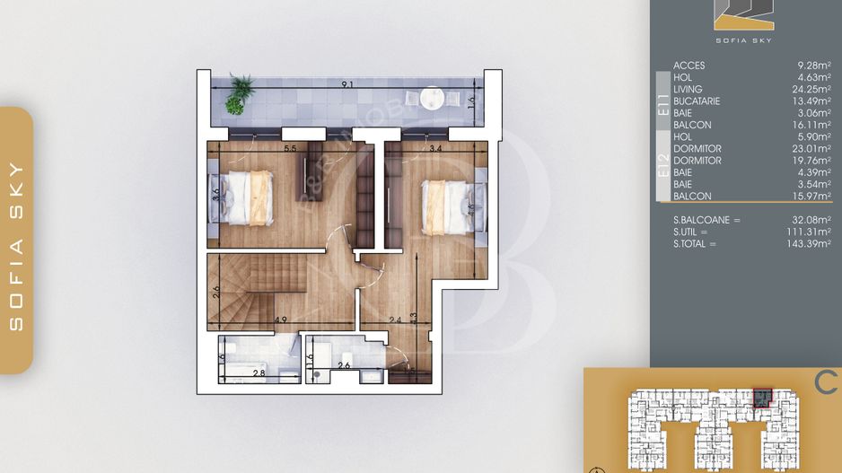 Finalizat-Mutare Rapida la 7min Metrou Duplex 3 camere cu 3 bai - Schiță 3
