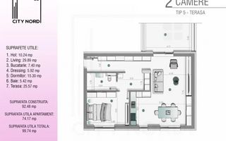 Apartament 2 camere cu terasa  - 99.74 mp - CITY NORD 1 Decembrie - Poză 1