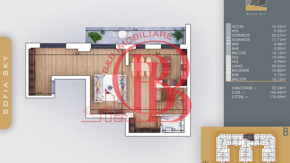 Th. Pallady 3 camere Duplex | Living 39mp | Dormitor 20mp - Schiță 2