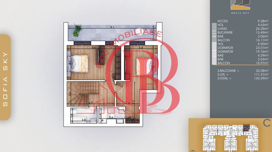 Finalizat-Mutare Rapida la 7min Metrou Duplex 3 camere cu 3 bai - Schiță 3