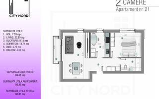 Apartament 21 / 33 – 2 camere – 56.5 mp – Balcon – Etaj 1 / Etaj 2 - Poză 1