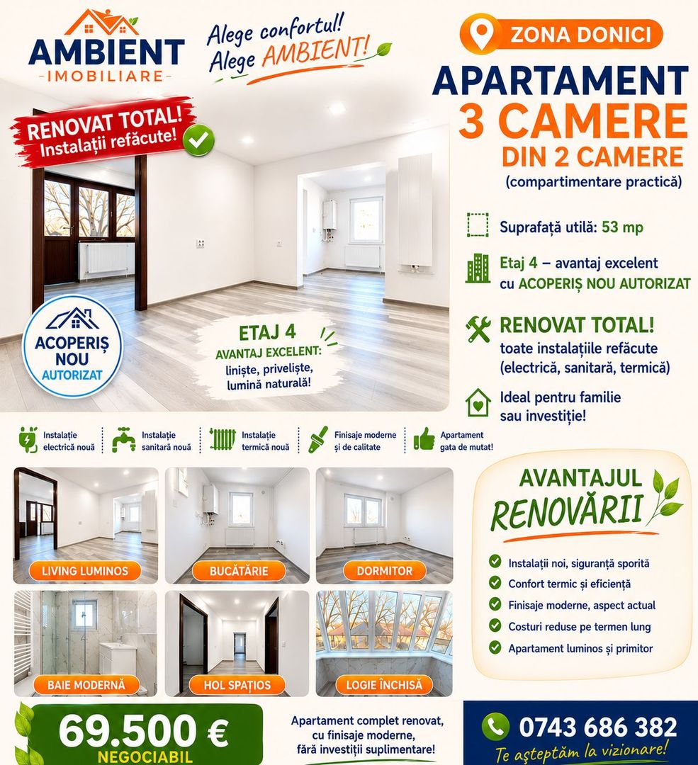 Apartament cu 2 camere, modificat în 3 camere, renovat total, zona DONICI; - Poză 1