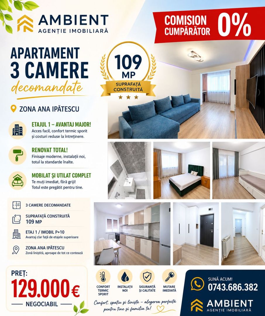 Apartament 3 camere, ETAJ 1, 109 mp, mobilat și utilat, VASLUI - ANA IPĂTESCU; - Poză 1