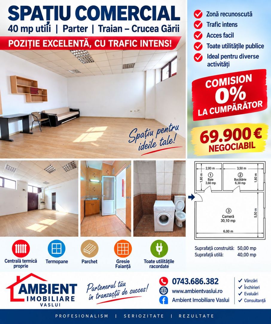 Spațiu comercial – ideal pentru birouri, VASLUI - zona CRUCEA GĂRII; - Poză 1