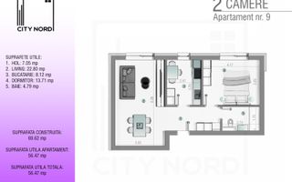Apartament 9 – 2 camere – 56.5 mp – Parter - Poză 1