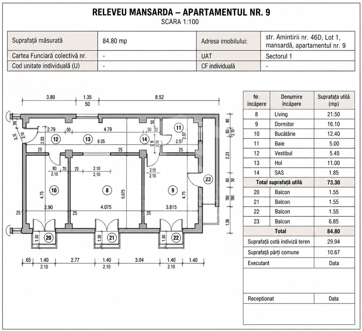 2 CAMERE ÎN CHITILA | 73,30 MP | 4 BALCOANE | CENTRALĂ | MOBILAT - Schiță 18