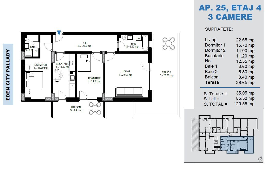 AP. 3CAM. SPATIOS 85MP+TERASA SI BALCON/ PALLADY, METROU N.TECLU! - Poză 1
