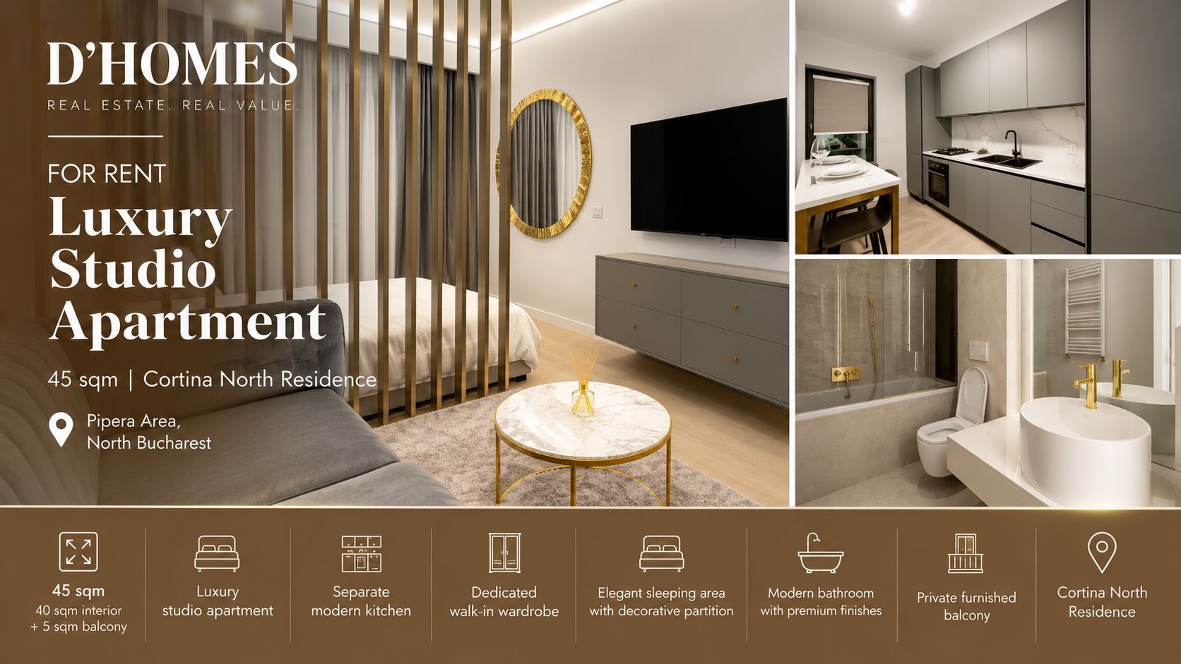 For Rent | Luxury Studio Apartment | 45 sqm | Cortina North - Poză 1