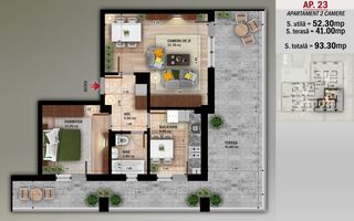 Ap 2 Camere cu terasa 41 Mp,Titan-Nicolae Grigorescu-Metrou - Schiță 3