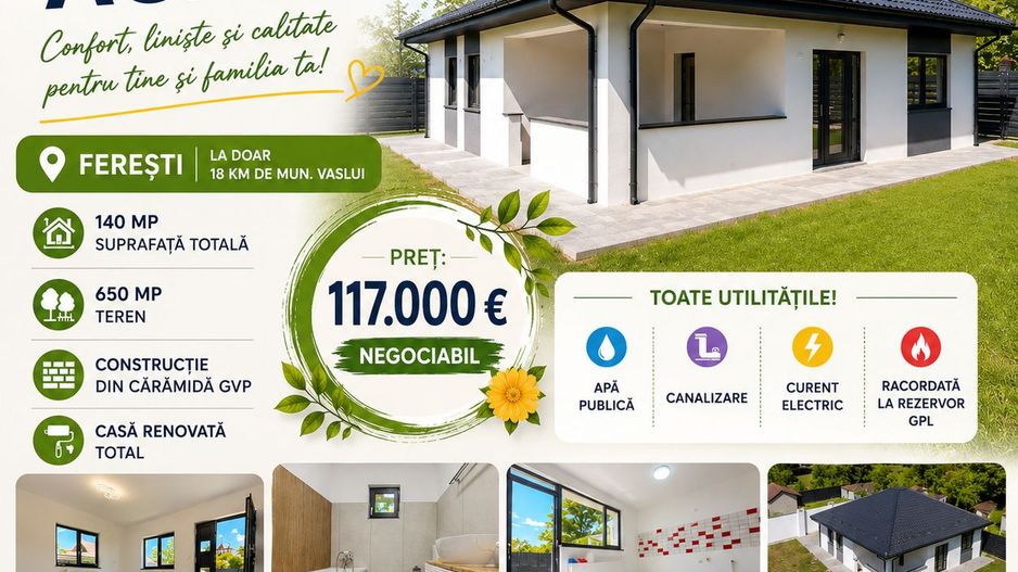 CASA individuala nouă, cu teren 650 mp, localitatea FEREȘTI - VASLUI; - Poză 1