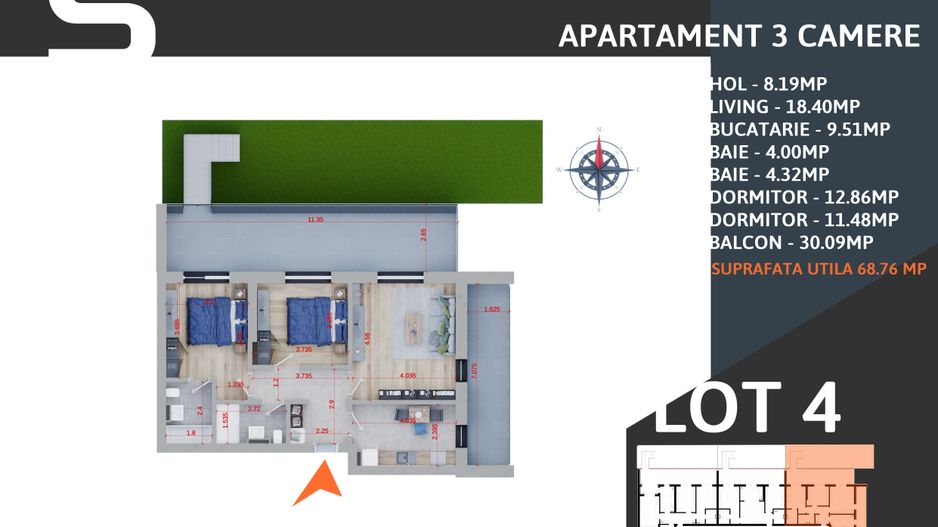 AP 3 CAM. DECOMANDAT+TERASA+GRADINA 59MP/  LOC DE PARCARE INCLUS! - Poză 3