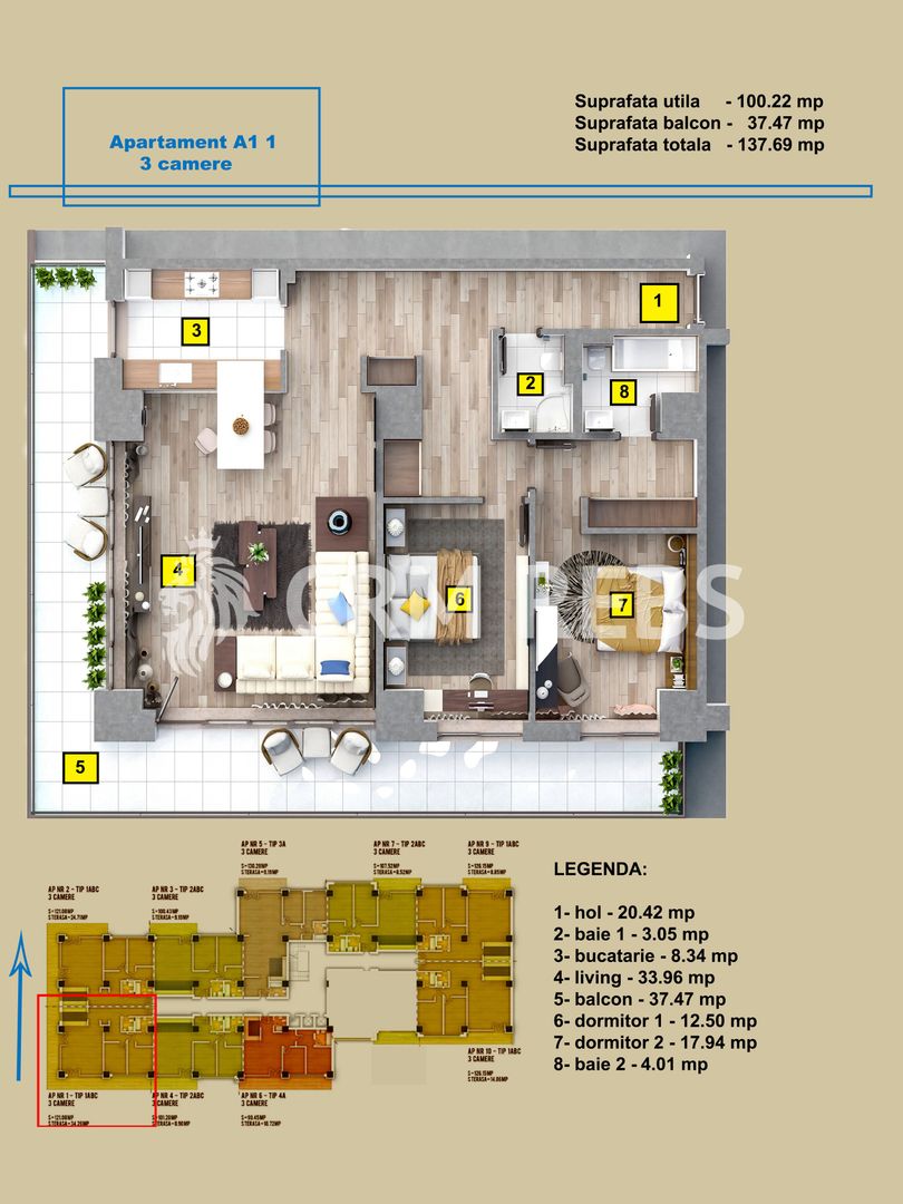 Apartament 3 camere Tip A1 1 - Schiță 4