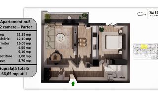 Apartament 2 camere, Parter, 65 mp utili + balcon, orientare Vestica - Poză 26