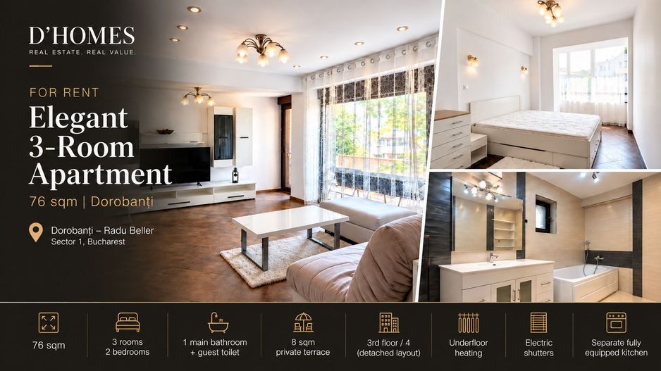 For Rent | Elegant 3-Room Apartment | 76 sqm | Dorobanți - Poză 1