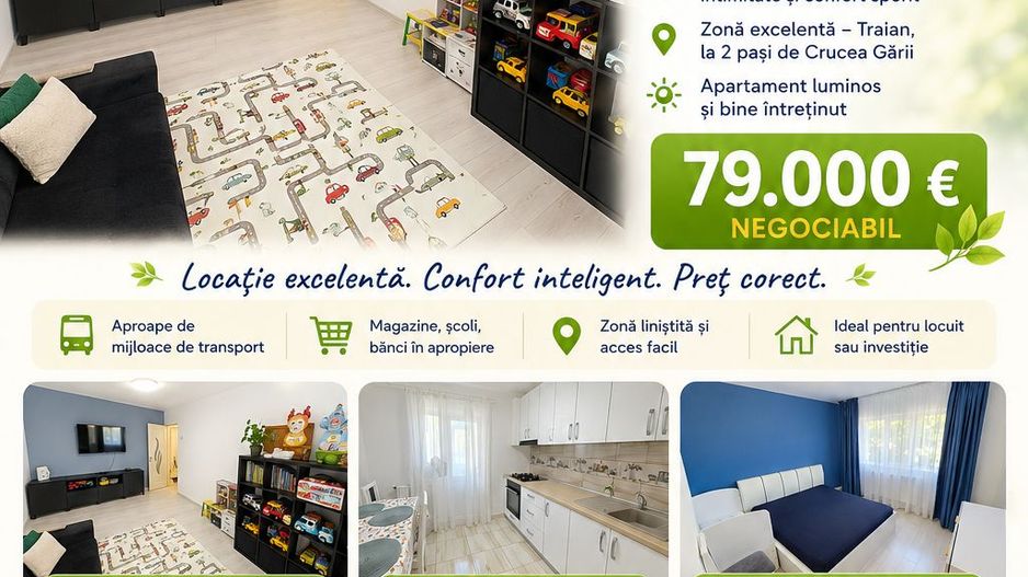 Apartament cu 2 camere, ETAJ 2, mobilat și utilat, VASLUI - zona CRUCEA GĂRII; - Poză 1