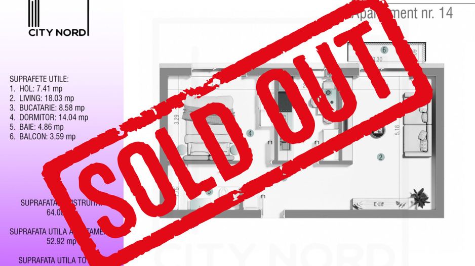 Apartament 14 / 26 – 2 camere – 52.9 mp – Balcon – Etaj 1 / Etaj 2 - Poză 1