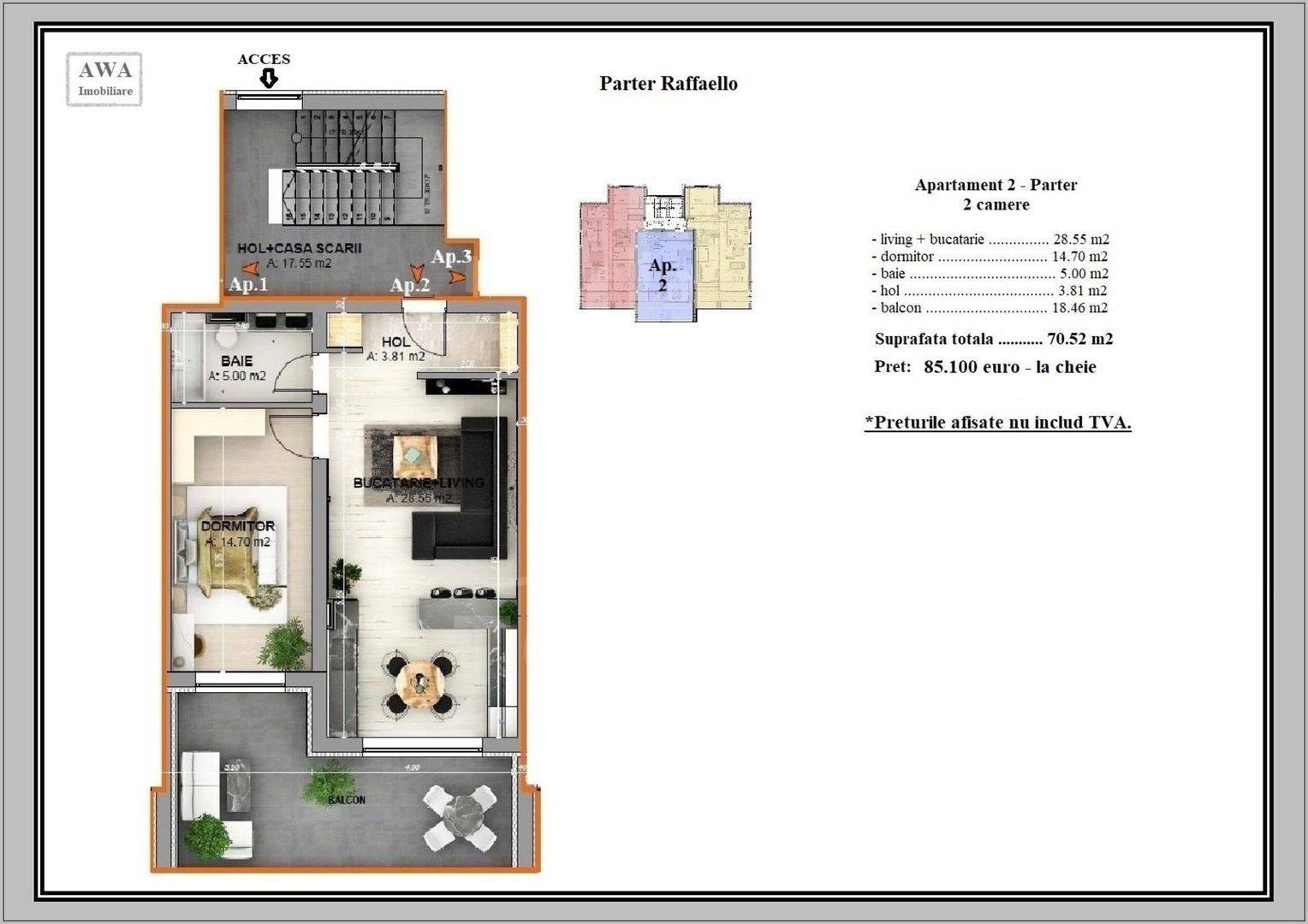 Apartament 2 camere, 70,5 mp utili – Etaj 2, Vilă – 85.100 EURO - Poză 2