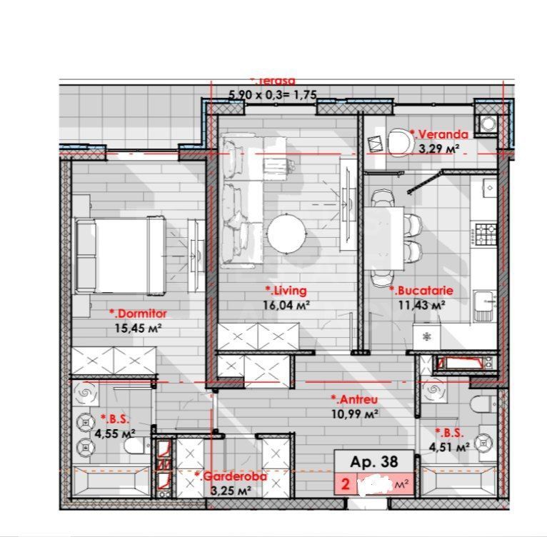 Vânzare, apartament, 2 camere, str. Tudor Vladimirescu, Râșcani - Schiță 2