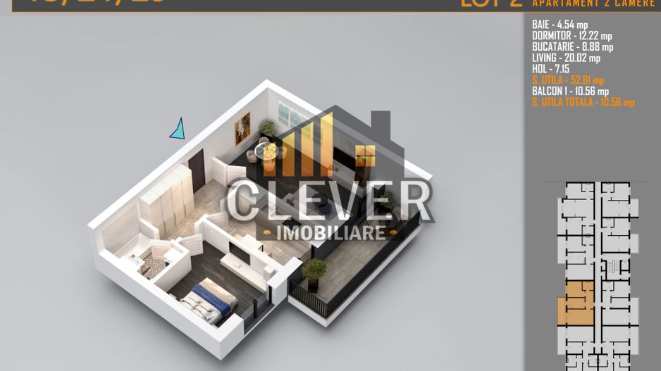 2 Camere | 63,41 mp Total | Balcon 10,56 mp | Comision 0% - Poză 2