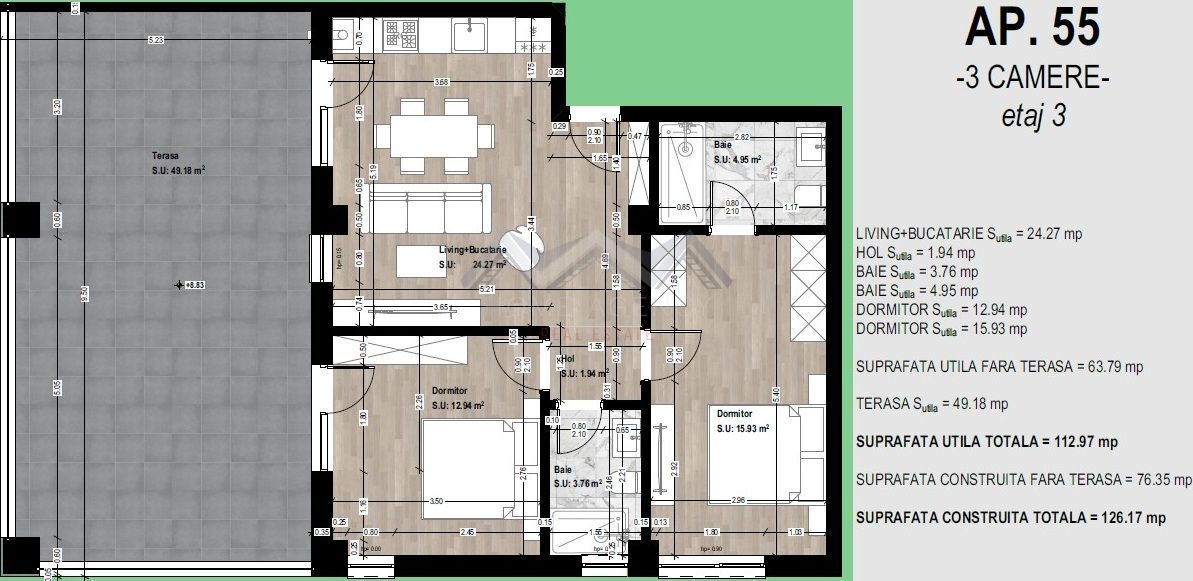 Apartament 3 camere Otopeni + terasă 50 mp - BEST DEAL! - Schiță 7