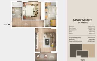 Apartament 2 cam , Finalizat, Comision 0, TITAN-AUCHAN - Schiță 2