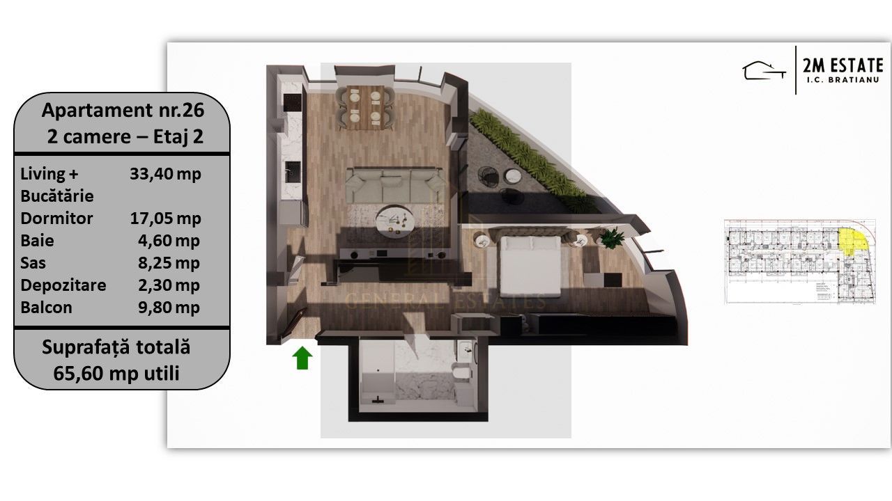 Apartament 2 camere, 65 mp utili + balcon, orientare Nord-Vest - Poză 1