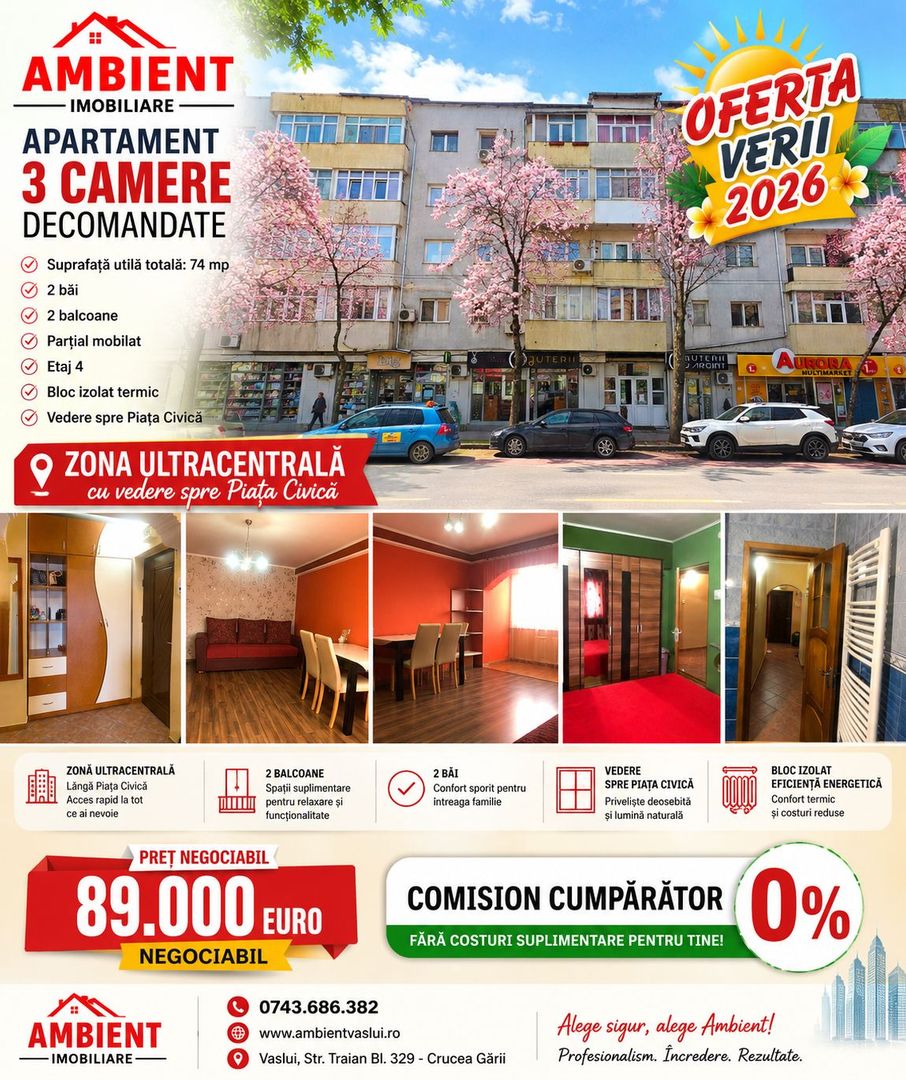 OFERTA VERII!! Apartament cu 3 camere, mobilat, VASLUI zona CENTRU - BIG; - Poză 1