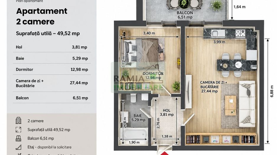 Apartament 2 camere, 2026, etaj 2, balcon  – Tractorul / Coresi - Poză 2
