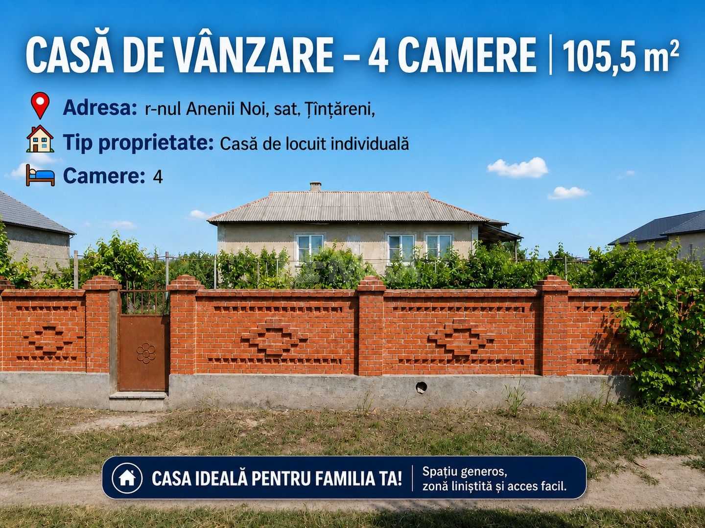 CASĂ DE VÂNZARE – 2 NIVELE | 4 CAMERE | 105 m²  -Țînțăreni Anenii Noi - Poză 1