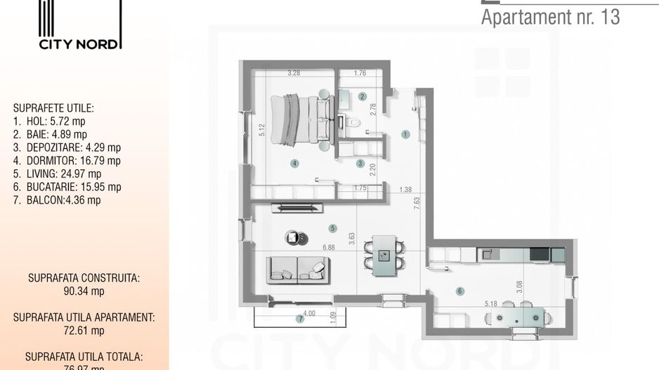Apartament 13 / 25 – 2 camere – 72.6 mp – Balcon – Etaj 1 / Etaj 2 - Poză 1
