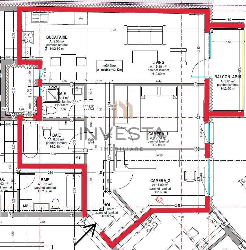 Apartament 3 camere, etaj intermediar, imobil nou 2026, Centru, Horea - Schiță 2