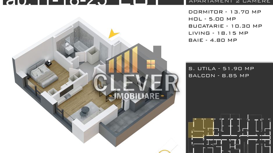 Ap 2 camere cu Incalzire in Pardoseala și Parcare GRATUITĂ - Schiță 9