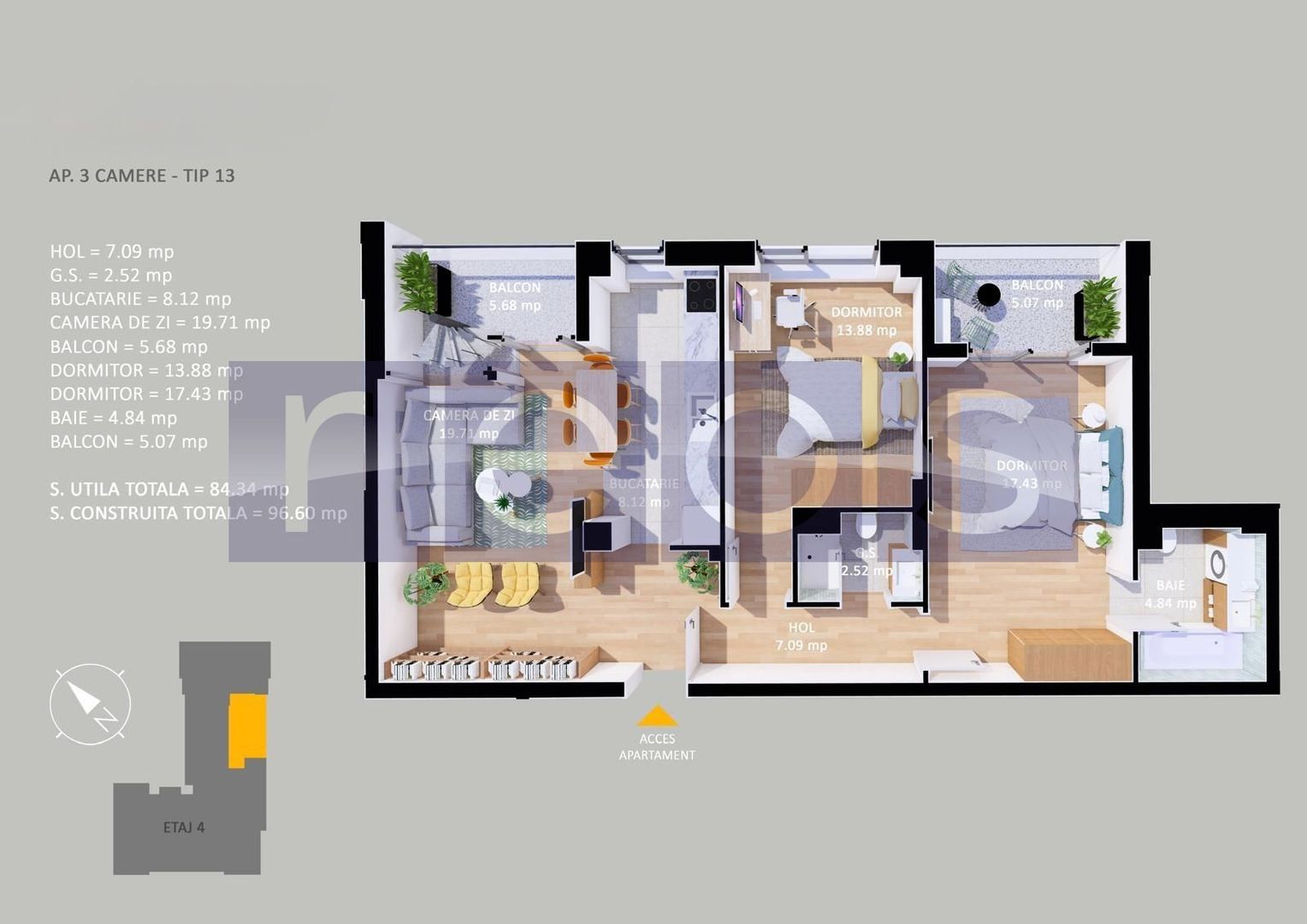 VANZARE APARTAMENT LA CHEIE | 3CAMERE | 84.3MP | TERASA 54MP | PARCARE - Schiță 18