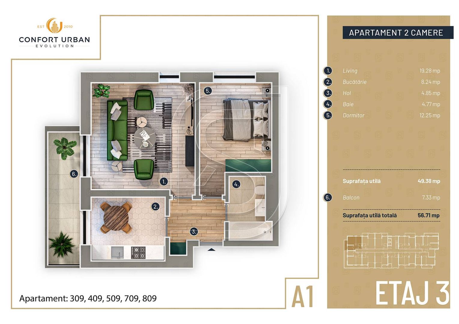 Apartament cu 2 camere, decomandat, 56.7 mp, Targ Pucheni, Rahova - Schiță 7