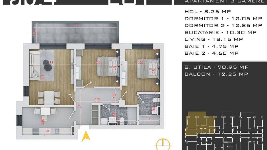 3 camere -parcare inclusa - proiect nou -Pallady - Schiță 12