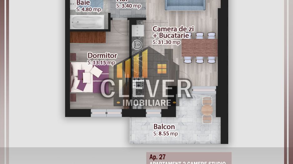 2 camere tip studio Pallady, 61 mp total, etaj 3, Comision 0 - Poză 2