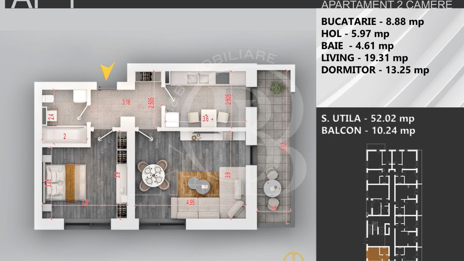 Apartament 2 camere bloc boutique parcul Teilor - Schiță 2