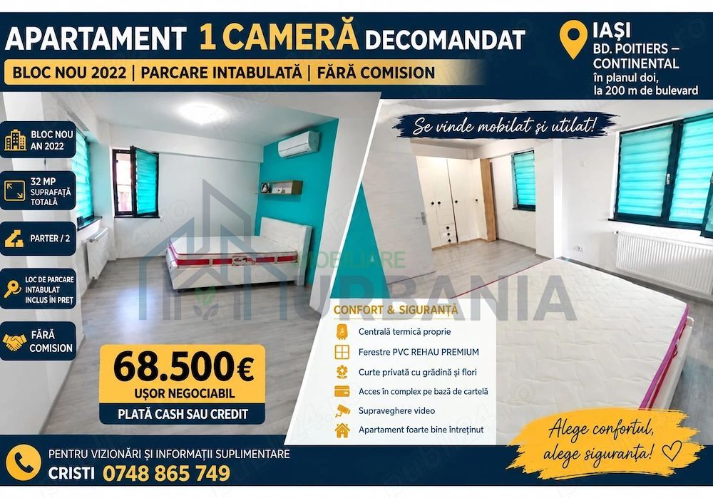 Apartament 1 cameră decomandat, 33 mp, loc parcare, complex nou 2022, zona Bd. Poitiers - Continental - Poză 1