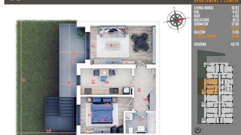 2 camere  cu gradina parcare bonus  - Titan - Pallady - Schiță 6